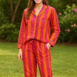 Ensemble de pyjama rayé pour femme, manches longues, boutonné sur le devant, longueur longue, vêtements de nuit décontractés pour adultes, coupe ample, col rabattu, printemps - Product Image 3