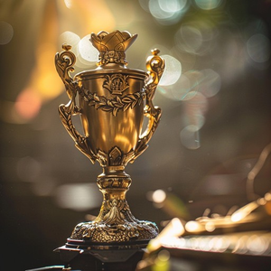 Coupe de championnat ornementale finition or avec couronne décorative, poignées embossées motif laurier et base élégante pour le sport - Product Image 1