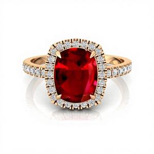 แหวนทองคำแท้ 14k ประดับด้วยพลอยทับทิมสังเคราะห์ทรงคุชชั่นขนาด 7x9 มม. และเพชร พร้อมใบรับรองเพชร สำหรับงานแต่งงานและงานหมั้น - Product Image 1