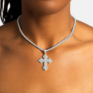 Luxury Silver <b>Iced</b> <b>Out</b> Cross Pendant Necklace |Christian Cross Charm with Tennis <b>Chain</b> | Stainless Steel - Product Image 1