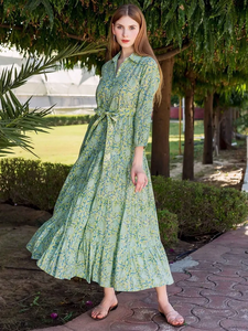 Nueva llegada de las mujeres elegantes bloque de mano impreso casual algodón Maxi vestido 100% lavable VERDE impreso algodón Maxi vestido - Product Image 3