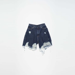 Distressed Super Baggy Fit Mid Waist Wide Leg <b>Knee</b> Length Leather <b>Patch</b> Detail Mens Streetwear Denim Shorts Denim Shorts - Product Image 2