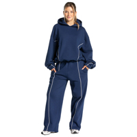Conjunto de Sudadera con Capucha y Pantalones Oversize de Algodón 100% sin Pelusa para Mujer, Azul Marino con Lavado Ácido, Estilo Urbano, Ajuste Holgado con Ribete Blanco