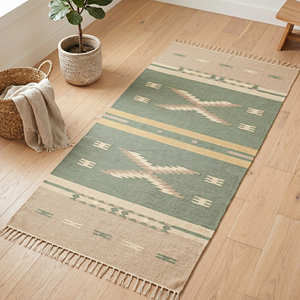 Alfombra Kilim Hecha a Mano, Tejido Plano, 4x6, Estilo Bohemio a Rayas, Rectangular, para Dormitorio, Roja y Beige, con Borlas, Alfombra Kilim para Dormitorio - Product Image 6