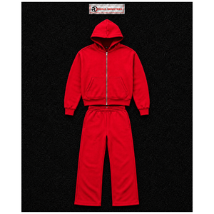 Red Mens Tracksuit Set <b>Full</b> <b>Zip</b> <b>Hoodie</b> Straight Leg Sweatpants Casual Sportswear Plain Jogging Suit Wholesale Custom Activewear - Product Image 5