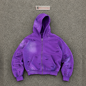Sudadera con capucha de alta calidad 100% vintage morada con cremallera para hombre, estilo urbano, de poliéster tejido con diseño estampado desgastado, estilos de otoño - Product Image 5