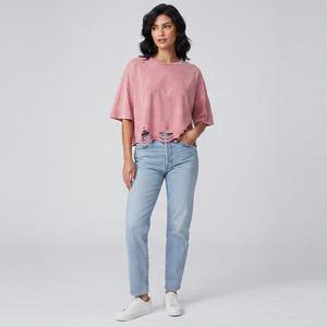 T-shirt en coton décontracté pour femme, col rond, manches courtes, coupe ample, couleur unie, effet vieilli et délavé, printemps-été - Product Image 1