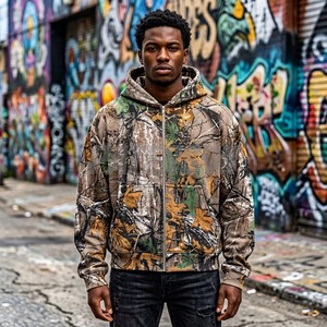 Sweat-shirt à capuche camouflage pour homme, fermeture éclair, coupe classique, respirant, en polyester tricoté, imprimé feuilles tactique, décontracté, pour l'automne - Product Image 4