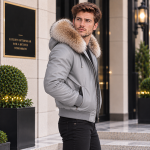 Premium Men's Summer Leather Bomber <b>Jacket</b> with <b>Fur</b> <b>Hood</b> | Plaid Pattern Casual Style - Product Image 3