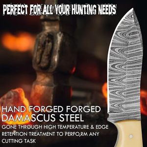 Couteau de chasse artisanal en acier Damas de qualité industrielle OEM à prix abordable avec manche en os crème – Couteau utilitaire à lame fixe pour le camping en extérieur - Product Image 4