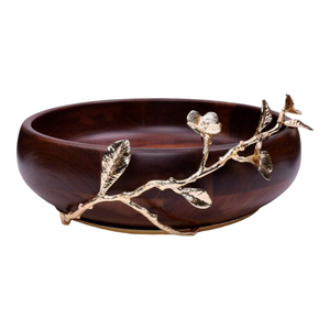 Cuenco de Servir de Madera de Acacia Hecho a Mano con Elegante Adorno de Rama de Orquídea Dorada para Decoración de Mesa en Hogar u Hotel - Product Image 1