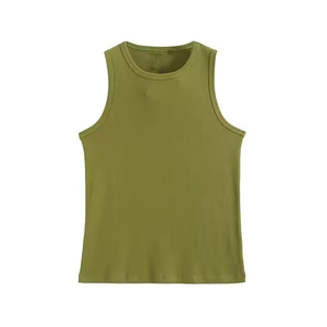 Women's Olive Green Ribbed Crew Neck Tank <b>Top</b> Hip Hop Style Eco-Friendly Quick Dry Breathable Spandex Cotton Blend Short Solid - Product Image 1