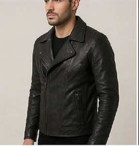 Mens Black Leather <b>Biker</b> <b>Jacket</b> Slim Fit Premium Genuine Leather Asymmetrical Zipper Padded Shoulders Stylish Moto <b>Jacket</b> - Product Image 4