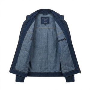 Veste en jean bleu foncé pour homme, coupe classique, fermeture éclair, style décontracté, couleur unie, tissu en coton tissé, vêtement d'automne - Product Image 5