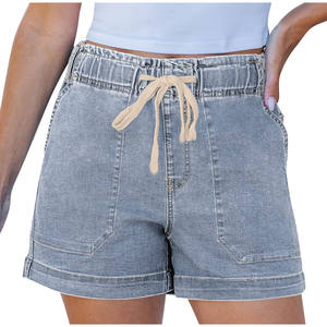 Shorts de Mezclilla de Cintura Alta para Mujer, Estilo Europeo Americano, Cintura Elástica con Cordón Ajustable, Corte Recto, para Comercio Exterior Transfronterizo, Aliexpress - Product Image 6