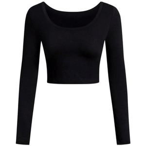 Haut court à manches longues noir pour femme, col rond, tricoté, couleur unie, décontracté, pour l'automne - Product Image 1