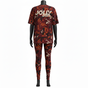 ชุดเสื้อยืดและเลกกิ้งผู้หญิง โพลีเอสเตอร์ผสมสแปนเด็กซ์ คุณภาพสูง 190 GSM ลายพิมพ์นามธรรมสีน้ำตาลแดง พร้อมโลโก้สกรีน - Product Image 2