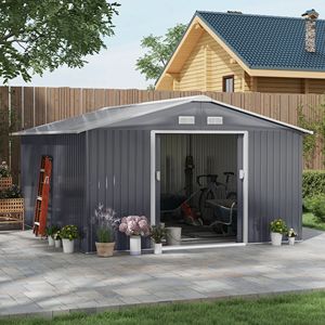 Capanno in Metallo 3,8 m x 3,3 m con Doppie Porte Scorrevoli e 4 Prese d'Aria per Attrezzi da Giardino, Esterno, Patio, Prato, Colore Verde Scuro - Product Image 2