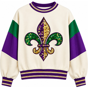 Elegante Sudadera de Mujer con Lentejuelas Crema y Cierre de Cremallera, Estilo Mardi Gras, con Gorro de Bufón, Manga con Diseño de Diamantes Argyle y Cuello Alto - Product Image 1