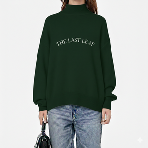 Pull col roulé vert foncé oversize pour femme, motif feuille unique, en coton tricoté, épaules tombantes, style automne, col montant - Product Image 1