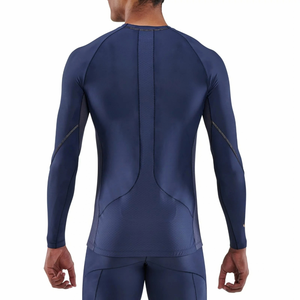 Custom Mens Navy Blue <b>Long</b> <b>Sleeve</b> <b>Compression</b> <b>Shirt</b> Contrast Chest Panel Crew Neck Fitted Gym Training Top Sportswear Base Layer - Product Image 2