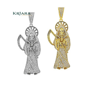 Colgante de plata 925 con baño de oro amarillo de la Parca, con incrustaciones de diamantes redondos cultivados en laboratorio, amuleto religioso, estilo hip hop unisex - Product Image 3