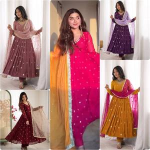 VISHNU K DESIGNS Ensemble de costume et dupatta en tricot de georgette lourde brodée à manches longues, coupe régulière, séchage rapide, moderne pour femme - Product Image 6