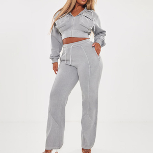 Women's Custom Acid Wash Tracksuit <b>Zip</b> <b>Up</b> Hoodie Jogger Set Oversized Patch Embroidery <b>Crop</b> Top Streetwear Outfit - Product Image 3