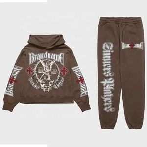 Y2K Streetwear hommes personnalisé en détresse Patch lavage à l'acide sweat à capuche zippé et pantalons de survêtement ensemble surdimensionné évasé survêtement grande taille - Product Image 6