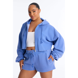 Conjunto de Chaqueta Corta con Capucha y Cremallera de Forro Polar Azul para Mujer, Novedad, Casual, Primavera Verano, Ropa de Descanso, Estilo Urbano Sólido - Product Image 3