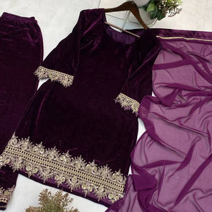 Velvet Sequence Embroidery <b>Kurti</b> and Palazzo Set with Georgette Dupatta Luxury Festive Ethnic Party Wear Fully Stitched - Product Image 1