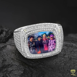 Personalized Picture <b>Frame</b> Ring With Moissanite Diamond Iced Out Cushion Shape Custom <b>Photo</b> Statement Jewelry For Men - Product Image 2