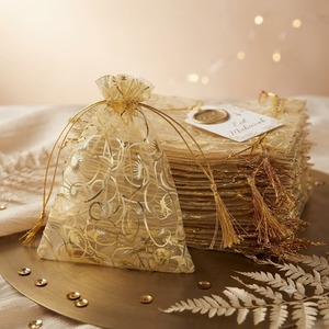 Bolsas de Regalo de Boda de Organza Dorada de Lujo al por Mayor, con Cierre de Cordón de Satén, Impresión Metálica, Hechas a Mano, Duraderas, para Cumpleaños - Product Image 6