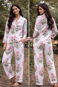Premium Handblock Printed White Cotton Summer Women's Two-Piece Breathable Eco-Friendly Pajamas Set Full Sleeves Ankle-Length - Product Image 3