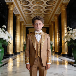Traje de esmoquin bordado marrón dorado para niños con chaleco - Conjunto de ropa formal para bodas y fiestas infantiles - Product Image 1
