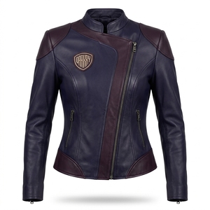 Womens Navy Blue Burgundy Two Tone Real Leather Biker Motorcycle Jacket Asymmetric Zip <b>Stand</b> Collar <b>Slim</b> Fit <b>Coat</b> - Product Image 1