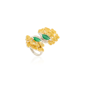 14K White <b>Gold</b> Art Deco Emerald and Yellow Diamond <b>Cocktail</b> <b>Ring</b> - Product Image 4