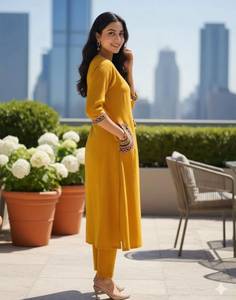 Yellow Embroidered Cotton <b>Kurta</b> <b>Women</b> Ethnic Loose Fit Midi Dress Summer Casual Indian Pakistani Style Three Quarter Sleeve - Product Image 2