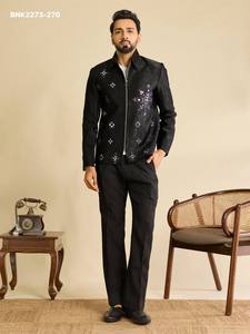 Chaqueta de manga larga de terciopelo de alta calidad con bordado de hilo y espejo, cadena y cuello, y conjunto de pantalón sin coser. Proveedor mundial. - Product Image 6