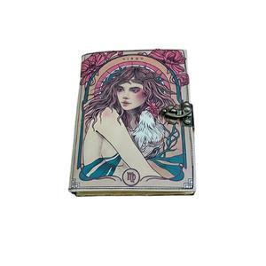 Journal en cuir véritable imprimé à la main, motif rose, signe du zodiaque, couverture rigide, pour hommes et femmes - Cadeau - Product Image 1