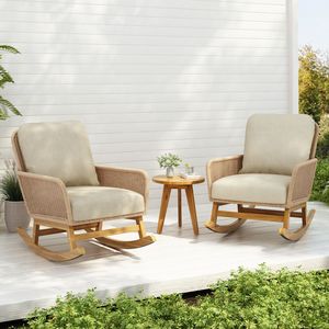 Set di posti a sedere all'aperto moderno 3 pezzi Beige PE Rattan con tavolo in legno e sedie a dondolo per Patio balcone relax - Product Image 1