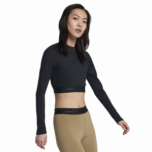 Top corto de punto para mujer, manga larga, cuello redondo, color liso, elástico, ropa deportiva, blusa de entrenamiento, ajuste ceñido, para todas las estaciones - Product Image 1