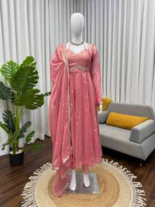 Traje Anarkali Rosa Bordado en Georgette Sintético con Salwar Kameez y Dupatta, Ropa de Fiesta y Boda para Mujer - Product Image 1