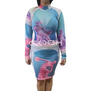 Vestido mini ajustado de malla con estampado de estatuas, manga larga, corte ceñido, estampado artístico, para fiesta, fabricante - Product Image 3