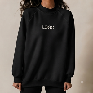 Women's Black Mockneck Streetwear Sweatshirt with Embroidered Logo Front Full Sleeve Knitted 100% Cotton Winter Casual Wear - Product Image 1