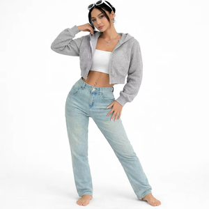 Custom Branding Textured Cropped Hooded <b>Top</b> Manufacturing Rhinestone Print With Sequined Cotton Blend <b>Zip</b>/<b>Up</b> <b>Women's</b> Hoodies USA - Product Image 4