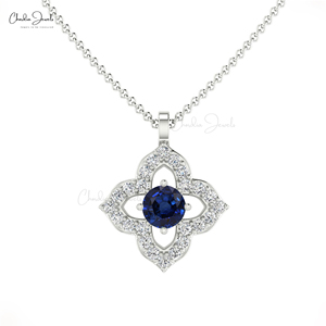 Colgante Floral de Zafiro Azul Natural de Corte Redondo de 3mm y Diamantes Blancos Pavé en Oro Sólido de 14k, Diseño Moderno, Lote de Colgantes de Piedra Natal - Product Image 2