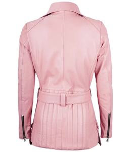 Veste de motard asymétrique en cuir véritable rose pour femme, coupe-vent, éco-responsable, col mandarin, fermeture éclair, fabriquée sur mesure - Product Image 2