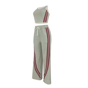 Women Plus Size Tracksuit Sleeveless <b>Crop</b> <b>Top</b> And Wide Leg Sweatpants With <b>Red</b> Stripe Casual Two Piece Set Spring Gray - Product Image 5