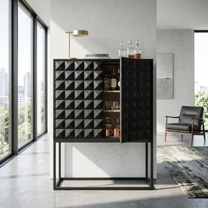 Dice Tall Black Modern Wooden Storage <b>Drawer</b> Cabinet Organizer Featuring Geometric Diamond Pattern Carved Facade Metal Base - Product Image 4